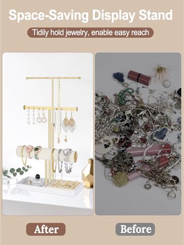 3-Tier Jewelry Stand Jewelry Organizer, Gold Necklace & Bracelet Organizer with Velvet Ring Tray, Sturdy Jewelry Holder for Earrings, Cute & Aesthetic Jewelry Display Tower – Gift for Women