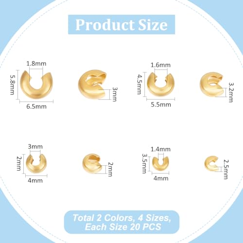UNICRAFTALE 160Pcs 2 Colors 4 Sizes Stainless Steel Crimp Beads Covers Metal Half Round Spacer Beads Small Crimp Beads DIY Bracelet Crimping Beads for Jewelry Making - size: 3-6.5mm