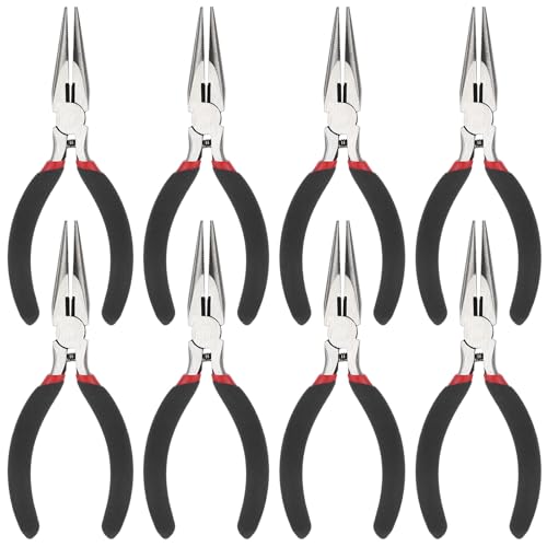 Dimeho 8 PCS Needle Nose Pliers, 5 Inch Long Nose Pliers Set Carbon Steel Serrated Jaw Plier for Wire Bending Cutting Jewelry Making Electronics Repair Object Grasping