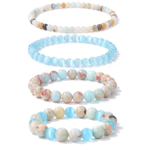 Vinswet 4pcs Beaded Bracelets for Women,Natural Healing Crystal Gemstones Bracelet,Anxiety Stress Relief Bracelet Handmade purple Jewelry Gifts for Women - color: Amazonite&Blue cat eyes&Blue Jasper