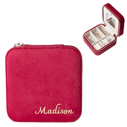 Customizable Compact Velvet Jewelry Box with Mirror, Travel Jewelry Case, Travel Jewelry Organizer, Jewelry Box for Women and Girls, Small Jewelry Organizer (Bottom Right Text, Wine Red) - color: Wine Red, size: Bottom Right Text Only
