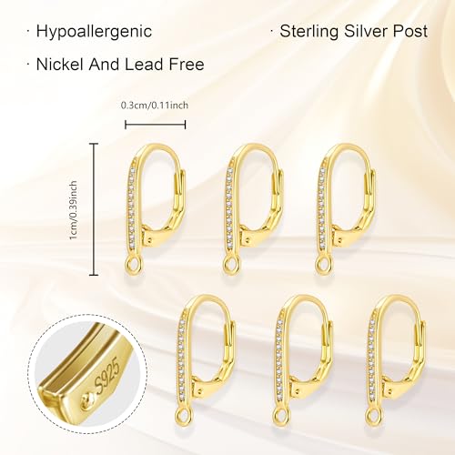 6Pcs Gold Leverback Earring Hooks, Hypoallergenic 14K Goldplated Dangle Ear Hooks French Hoop with Zirconia, 925 Sterling Silver Findings Earring Leverback Hook Making Replacement Supplies Set - color: 6PCS_Gold