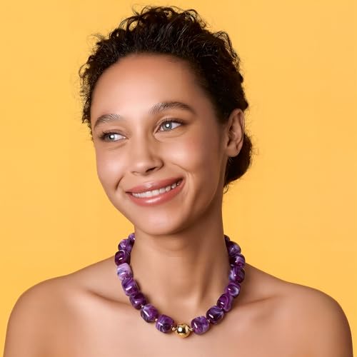 Chunky Necklaces for Women, Trendy Colorful Square Acrylic Resin Beads Statement Choker Necklace, Lightweight Boho Summer Beach Vacation Jewelry - color: Amethyst color