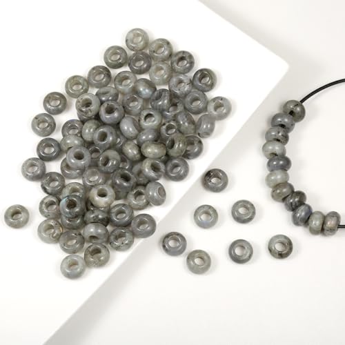 TUMBEELLUWA Natural Gemstone Beads for Jewelry Making, Rondelle Large Hole Loose Beads Pack of 15,Labradorite(8x14mm) - color: Light Gray