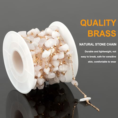 KYUNHOO 16.4 Feet White Handmade Raw Stone Chain Links on Roll Gold Plated Chains for Jewelry Making Brass Crafts with Jump Rings Lobster Clasps for DIY Jewelry - color: Natural Stone-White