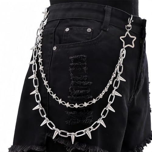 Layered Punk Pants Chain for Men Women, Gothic Hip Hop Jean Chain Wallet Chain Biker Trouser Chain, Goth Emo Fashion Keychain Accessories - color: 2L-Rivets Chain