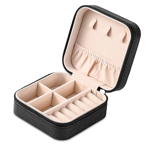 Neveika Portable Travel Mini Jewelry Box Leather Jewellery Ring Organizer Case Storage Gift Box Girls Women (black). - color: black