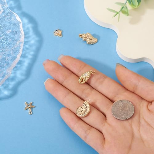Cheriswelry 5Pcs 18K Gold Filled Conch Shell Charms Cubic Zirconia Metal Brass Seashell Starfish Pendants 10-20.5mm for DIY Summer Necklace Bracelet Earring Jewelry Making - color: Gold-5pcs