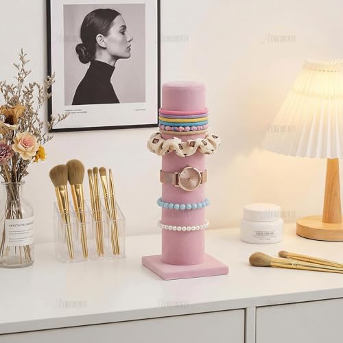 AUEAR, Velvet Vertical Tower Display Bracelet Hair Band T-Bar Holder for Headband Scrunchie (Pink, Square Bottom, 1-Pack)