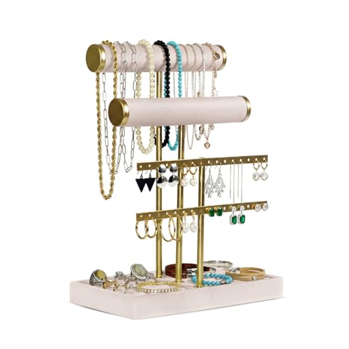 Jewelry Tower Stand Organizer for Women - Soft Touch Velvet Elegant Jewelry Holder Display with Necklace Holder, Earring Organizer & Bracelet Rack - Tabletop Stand for Dresser, Vanity, Desk - Beige - color: Beige