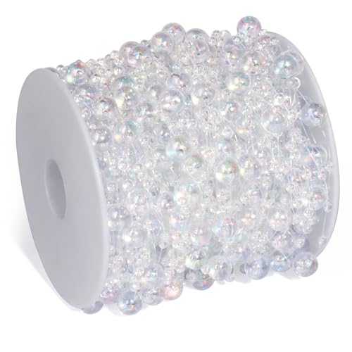 196FT Pearl Beads String Garland, 8mm 3mm Rainbow Transparent Faux Pearl Beads Roll Strands Bulk Spool for Wedding Party Flower Christmas Decoration DIY Craft - color: Rainbow Transparent Pearls, size: 196FT