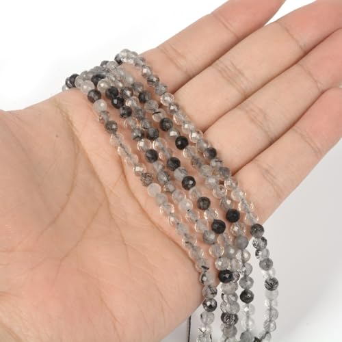 Natural Black Rutilated Quartz 4mm Faceted Round Beads Loose Beads 16 Inch for Jewelry Making Beads - color: Black Rutilated Quartz