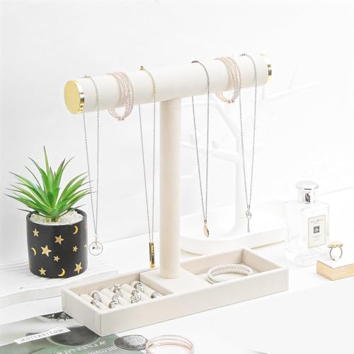 Coward Jewelry Organizer Stand, Velvet Necklace Bracelet Watch Ring Display Holder with Tray, Multi-use Jewelry Display Stand for Women Girls Dresser Nightstand (Beige) - color: Beige Gold End