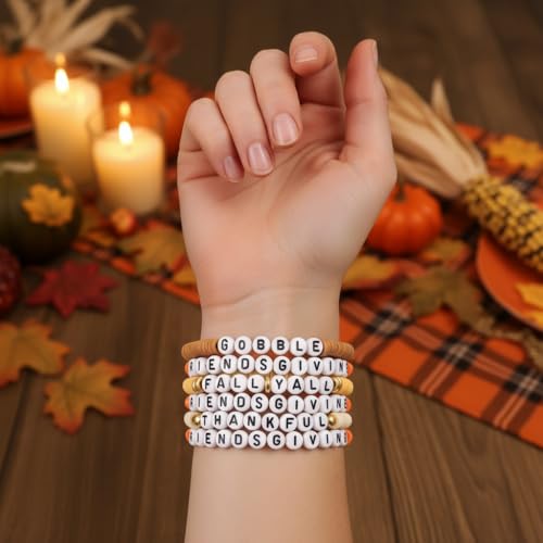 Thanksgiving Stackable Bracelet for Women Set Colorful Beads Rubber Ring Elastic Layering Letter Disc Maple Leaf Pendant Clay Stretch Fall Bracelets Fall Costume Bracelet Jewelry for Women - style: Style2