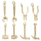 Beebeecraft 1 Box 8Pcs 4 Styles Mini Tool Charms Golden Wrench & Plier & Hammer Charm 18K Golden Brass Plated with CZ Crystal Stone Pendants for DIY Jewelry Making Arts Crafts