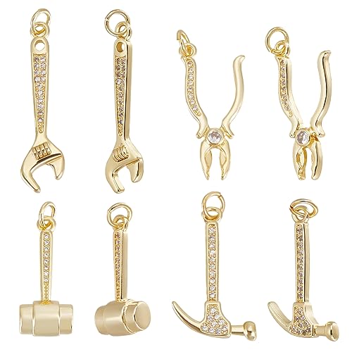 Beebeecraft 1 Box 8Pcs 4 Styles Mini Tool Charms Golden Wrench & Plier & Hammer Charm 18K Golden Brass Plated with CZ Crystal Stone Pendants for DIY Jewelry Making Arts Crafts