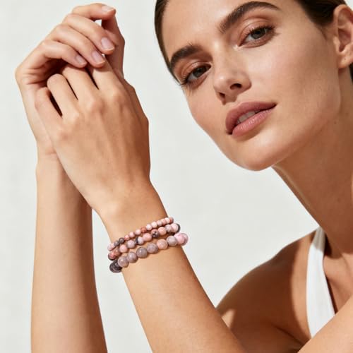 3Pcs Natural Healing Crystal Bracelets for Women Men, 4mm 6mm 8mm Beaded Stretch Bracelet Set, Black Tourmaline Natural Stone Gemstone Jewelry Gifts for Meditation, Reiki & Yoga - color: Pink Zebra Jasper