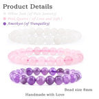 2/3-Pieces 4mm 6mm 8mm Natural Crystal Gemstone – Handmade Reiki Energy Healing Stretch Bracelets Jewelry for Yoga, Meditation, Unisex - color: 3 Pieces (Amethyst&PinkQuartz&WhiteJade), size: 8mm