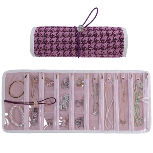 Travel Jewelry Organizer Roll with Zippered Pockets,Hangable | Tangle-Free Portable Jewelry Storage Bag for Women | Holder for Necklaces, Earrings, Rings, Bracelets (Berry Purple) - color: Berry Purple