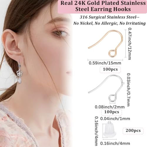 Beebeecraft 1 Box 200Pcs Earring Hooks 24K Gold Plated 316 Surgical Stainless Steel Ear Wires for DIY Jewelry Findings Jewelry Making