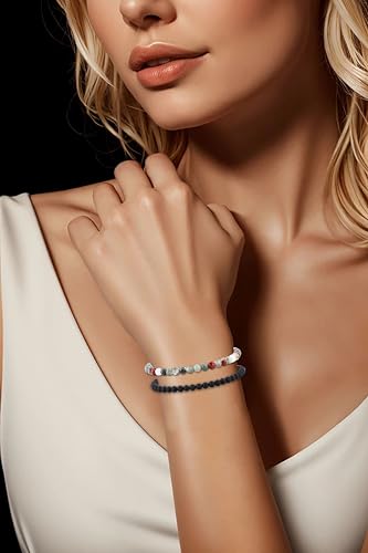 NCB 2.3-Piece 4mm Natural Crystal Gemstone Stretch Bracelets – Handmade Reiki Energy Healing Jewelry for Meditation,Yoga, Unisex - color: 2PCS ( African Bloodstone+Matte Black Agate ), size: 4mm