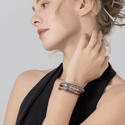 FANCY SHINY Mothers Day Gifts Boho Leather Wrap Bracelet Stackable Infinity Chunky Cuff Bracelets Western Hippie Outfits Jewelry Valentine Gifts for Women - color: Rainbow
