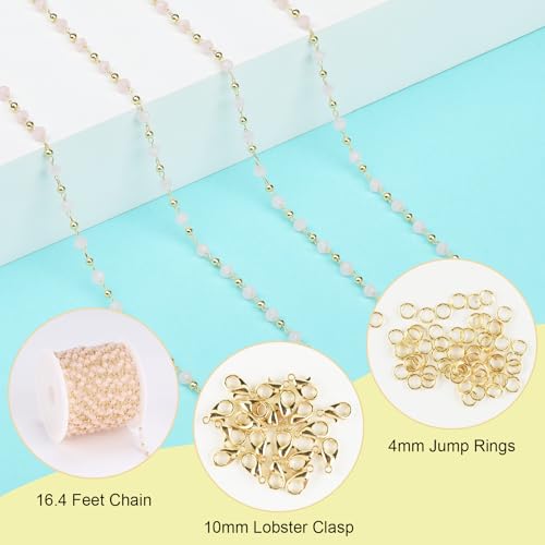 SMYHTGLIF 5 Meters Gold Plated Brass Bead Jewelry Making Chain Pink Crystal Chain Bulk Craft Chain with Lobster Clasps and Jump Rings for Jewelry Making - color: Pink