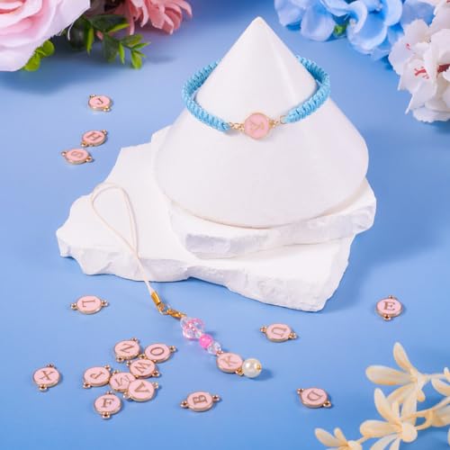 KISSITTY Flat Round with Alphabet Connector Charms Alloy Enamel Letter Links Connectors for DIY Bracelet Earring Jewelry Making - color: Pink