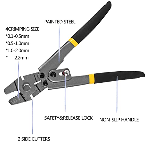 Wire Rope Crimping Tool Kit, with 1/16-304 Stainless Steel Cable 165 ft (7x7 Strand Core), 100 Cable Ferrule Aluminum Loop Sleeve Stops - color: Gray