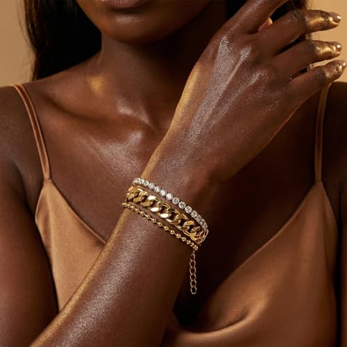 Gmai 18K Gold Plated 3-in-1 Layered Diamond Bracelet for Women, Adjustable Stainless Steel Stackable Bracelet with Extender Chain, Fashion Gift for Mother’s Day Wedding Graduation Christmas