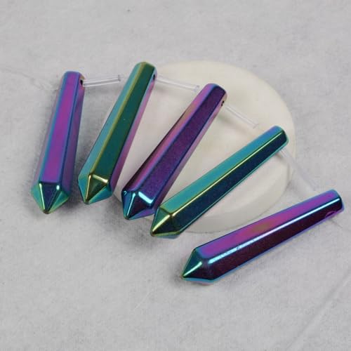 50mm Metallic Rainbow Coated Hematite Hexagonal Wand Jewelry Making Crystal Pointed Chakra Reiki Healing Beads 2mm Hole Drilled(Pack of 5) - color: Metallic Rainbow Coated Hematite