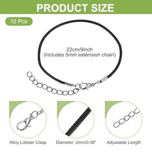 MECCANIXITY 10 PCS Black Bracelet Cord,9" Adjustable Friendship Bracelet 2mm Waxed Polyester Cord with Lobster Clasp Bracelet String for Bracelet Making Jewelry DIY Craft