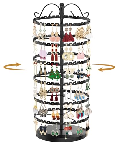 MODOWEY 6 Tier Rotating Earring Holder Organizer Stand, Adjustable Metal Display Tree Rack for Women, 480 Hole and Groove Large Storage for Pierced Stud Dangle Hoop, Compact for Small Dresser, Black - color: Black, size: 6-Tier