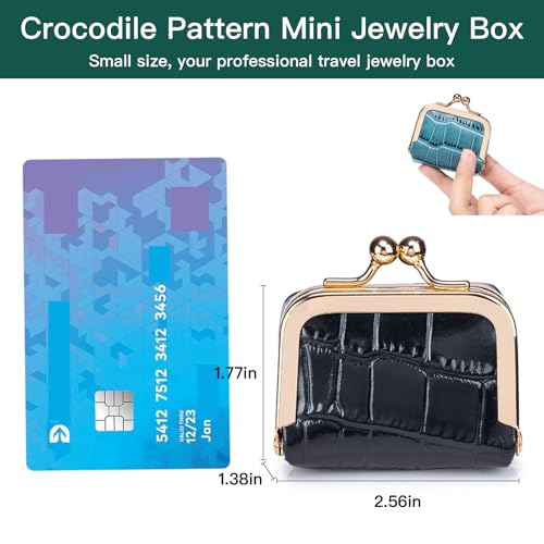 Mini Travel Jewelry Box Organizer with Crocodile Pattern, Premium Cowhide Leather, Rose Gold Kiss-Lock Clasp, Portable Storage Case, 2.56 x 1.77 x 1.38 Inches (Black, S) - color: Black