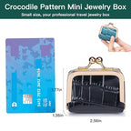 Mini Travel Jewelry Box Organizer with Crocodile Pattern, Premium Cowhide Leather, Rose Gold Kiss-Lock Clasp, Portable Storage Case, 2.56 x 1.77 x 1.38 Inches (Gray, S) - color: Gray