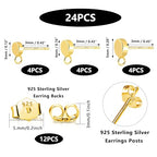 12Pcs Gold Earring Posts with Loop, 3/4/5mm Flat Studs Earring Hook Hypoallergenic 925 Sterling Silver Earrings Findings Butterfly Backs Supplies Set Gold Ear Studs Posts for Earrings Jewelry Making - color: Flat_Gold