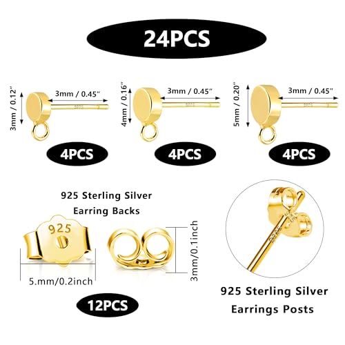 12Pcs Gold Earring Posts with Loop, 3/4/5mm Flat Studs Earring Hook Hypoallergenic 925 Sterling Silver Earrings Findings Butterfly Backs Supplies Set Gold Ear Studs Posts for Earrings Jewelry Making - color: Flat_Gold
