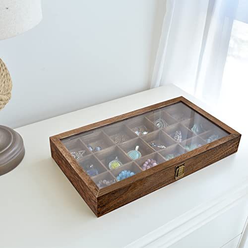 MOOCA Wooden Jewelry Display and Beads Display Storage Case with Tempered Glass Lid , 18 Compartments, 15" W x 8 3/8" L x 2 1/8" H, Brown Color - color: Brown