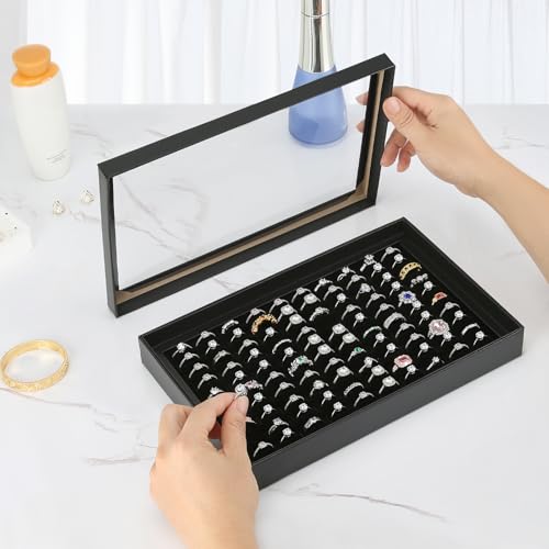 KUKUVR 100 Slots Ring Earring Holder Display Case, Velvet Jewelry Ring Earring Storage Organizer Box Tray with Clear Lid for Women And Selling Show (Black) - color: Black