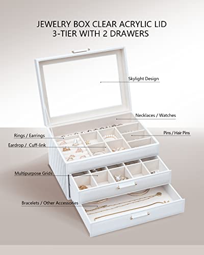 Jewelry Box with Glass Lid, Jewelry Organizer Box 3-Layer with 2 Drawers, Jewelry Boxes for Women Storage Earring Necklace Watch Bracelet and Rings - White - color: White 3-Layer