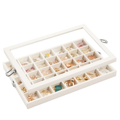 Lolalet Jewelry Organizer Tray with Lid, 35 Grids Velvet Earring Organizer Holder Storage Box for Drawer -Beige - style: 35 Grid