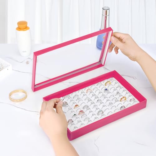 KUKUVR 100 Slots Ring Earring Holder Display Case, Velvet Jewelry Ring Earring Storage Organizer Box Tray with Clear Lid for Women And Selling Show (Pink) - color: Pink