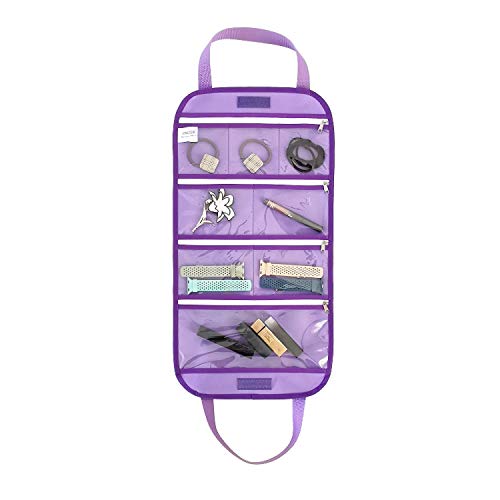 Travel Foldable Jewelry Rolls Bag Storage Pouch Hanging Jewelry Organizer with 8 Zippered Clear Pockets for Earrings Rings Necklaces Bracelets Watchbands (Purple)
