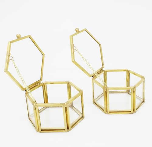 JIARI Glass Jewelry Box Small Gold Hexagonal Decorative Box Ring Earring Display Keepsake Box Case Box for Storage (Small 2 Pack)