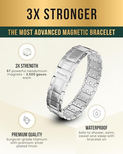 MagnetRX® 3X Strength Mens Magnetic Bracelet – Titanium Magnetic Bracelets for Men – Premium Fold–over Clasp & Adjustable Length with Sizing Tool & Gift Box (Silver) - color: Silver (3X Strength)
