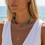 Gmai Layered Beaded Necklace for Women Colorful Trendy Snake Chain Circle Pendant Choker Gold Chain Adjustable Length Bohemian Rainbow Stackable Necklaces Jewelry Gift - style: Blue yellow red string beads