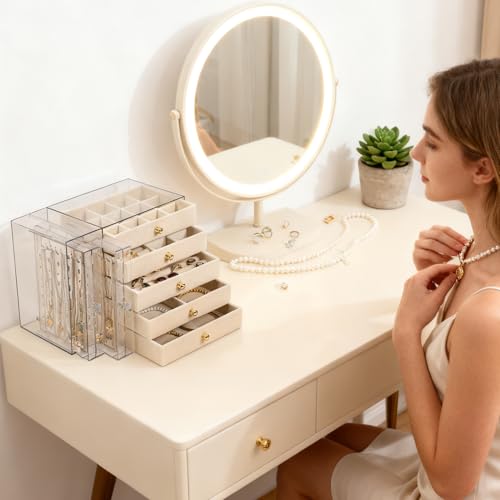 Greenfeather Jewelry Organizer with 7 Removable Drawers, Clear Acrylic Jewelry Box with 16 Necklace Hooks 48 Pairs of Earring Holes 5 Velvet-Lined Drawers for Rings Bracelets Necklaces - color: Off-White-Style B