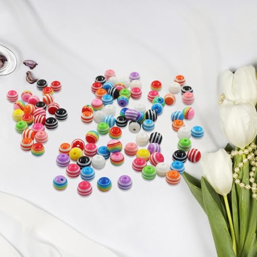 200pcs 8mm Resin Rainbow Beads, Plastic Stripe Multicolor Beads for Jewelry Making, DIY Bracelets, Earrings, Keychains & Craft Projects (Mixed) - color: Mixed