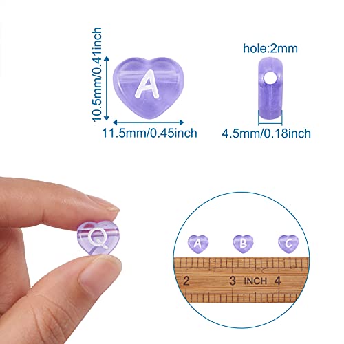 Cheriswelry 100pcs Heart Transparent Acrylic Letter Beads Purple Alphabet Crystal Beads Horizontal Hole Loose Spacer Bead 10.5x11.5mm for DIY Earring Bracelet Necklace Jewelry Making - color: Purple-Heart
