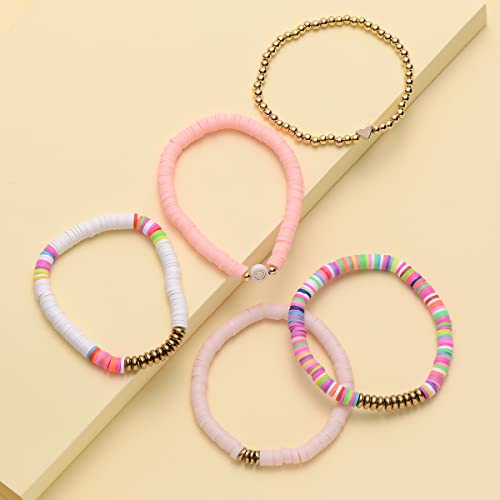 COLORFUL BLING 5-12Pcs Bohemian Love Heart Bead Bracelets for Women Vinyl Disc Heishi Surfer Stackable Stretch Bracelet Summer Beach Boho Jewelry - color: 5pcs white pink